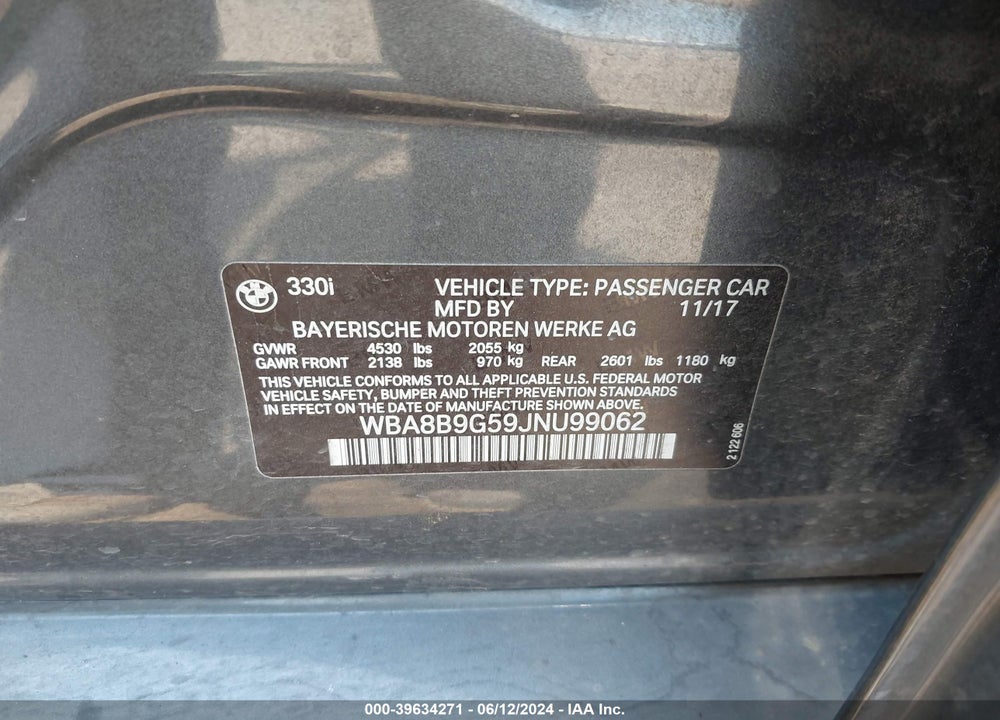 2018 BMW 330I VIN: WBA8B9G59JNU99062