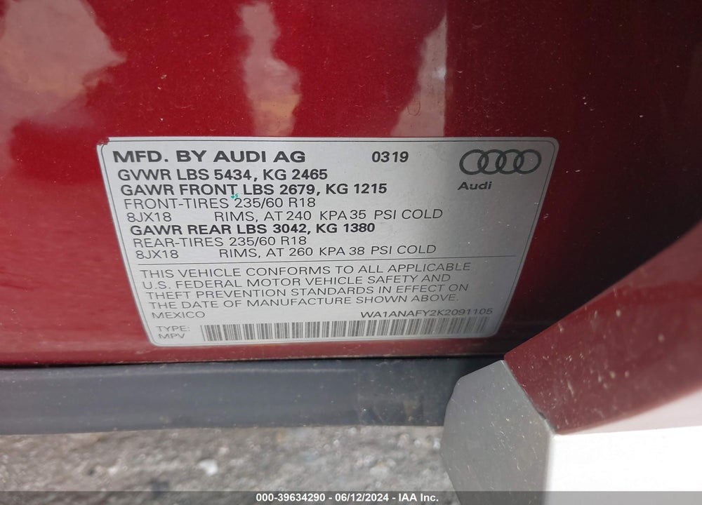 2019 AUDI Q5 45 PREMIUM VIN: WA1ANAFY2K2091105