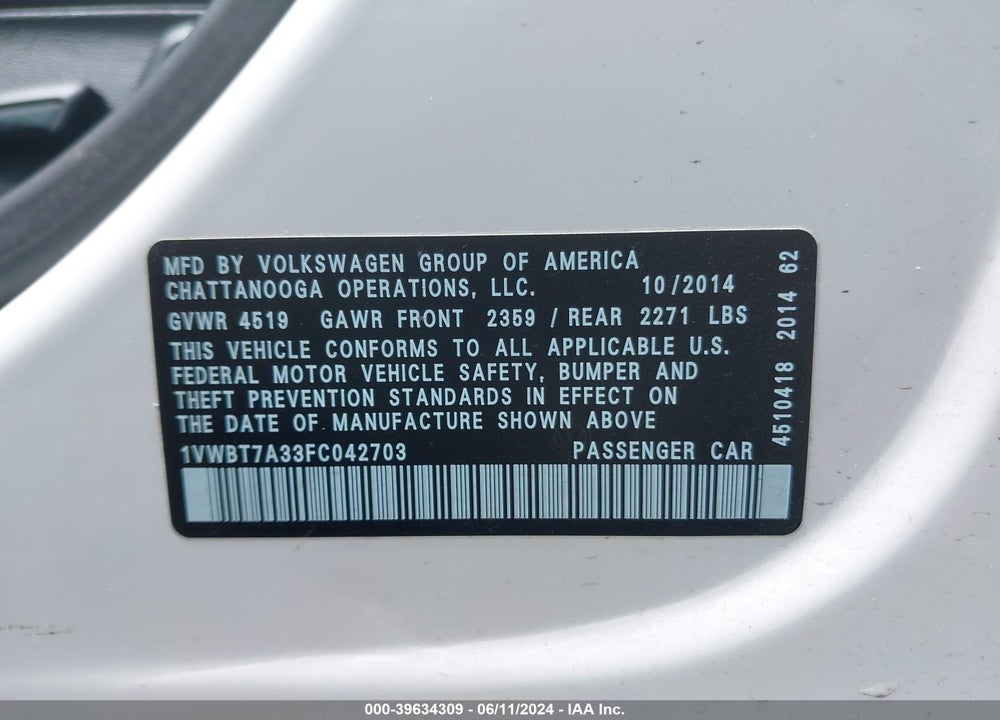 2015 VOLKSWAGEN PASSAT 1.8T SE VIN: 1VWBT7A33FC042703
