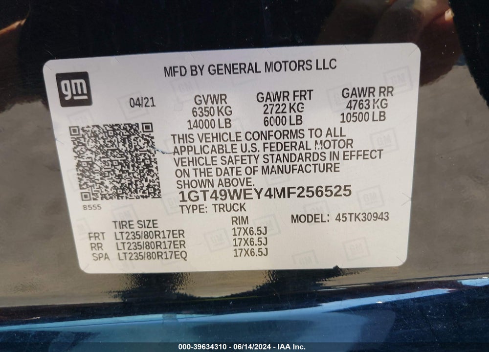 2021 GMC SIERRA 3500HD 4WD  LONG BED DENALI VIN: 1GT49WEY4MF256525