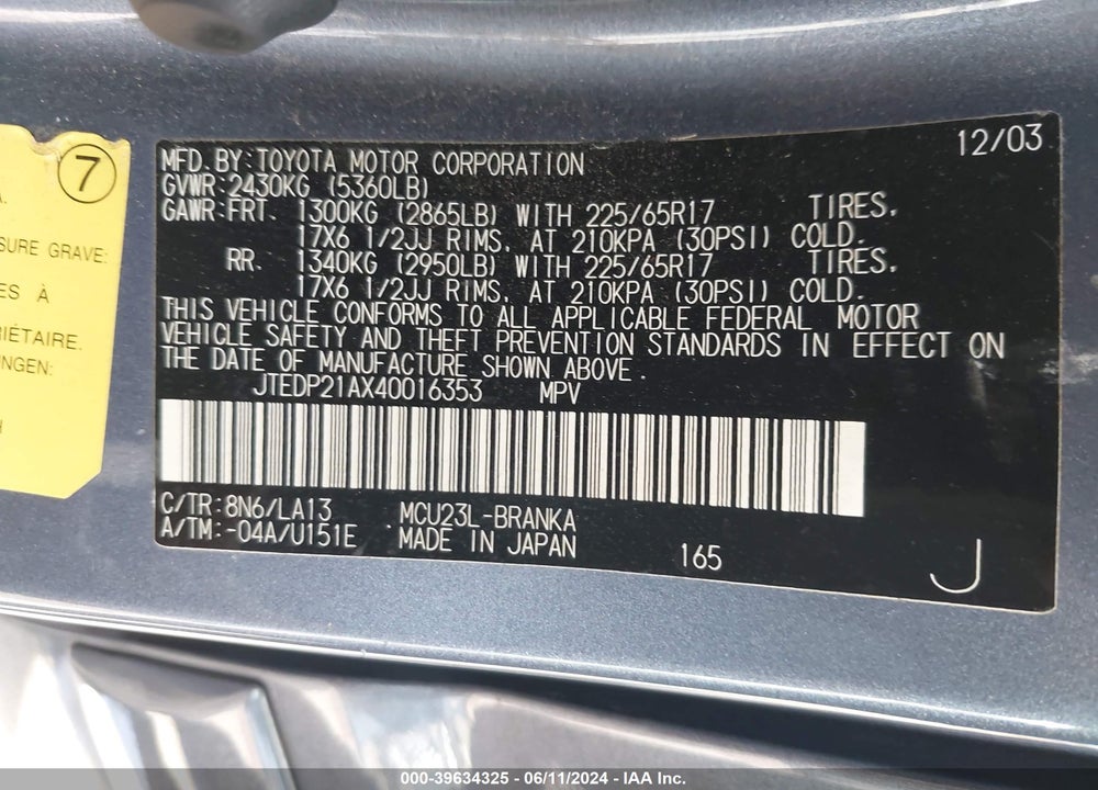 2004 TOYOTA HIGHLANDER LIMITED V6/V6 VIN: JTEDP21AX40016353