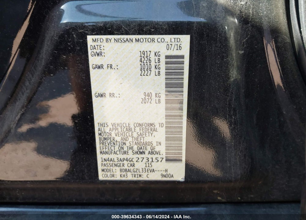 2016 NISSAN ALTIMA VIN: 1N4AL3AP4GC273157