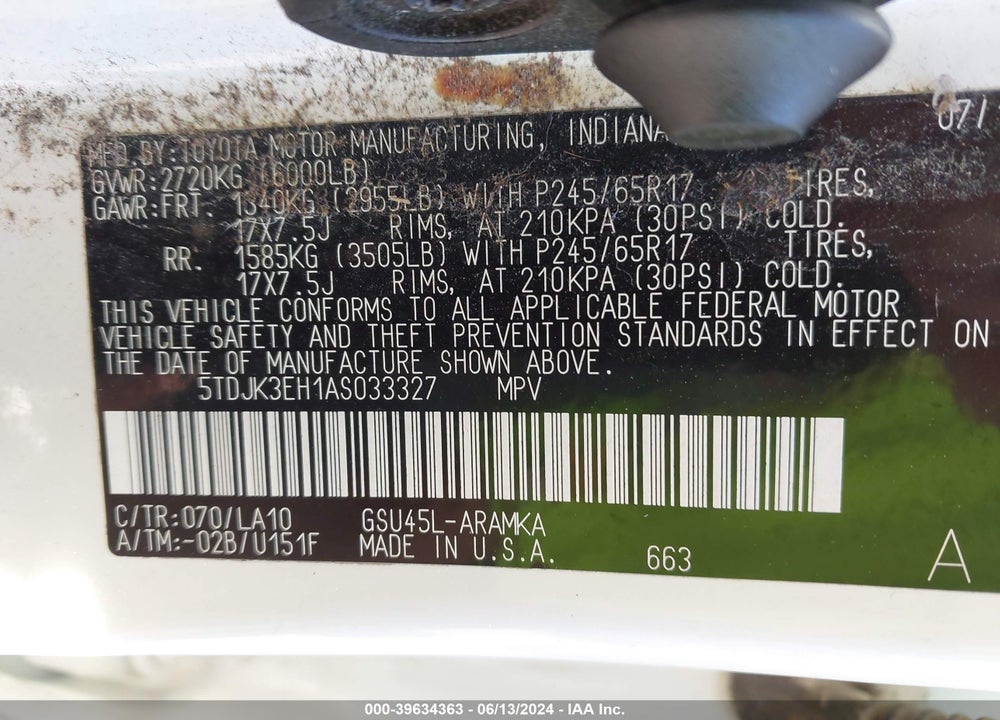 2010 TOYOTA HIGHLANDER SE V6 VIN: 5TDJK3EH1AS033327
