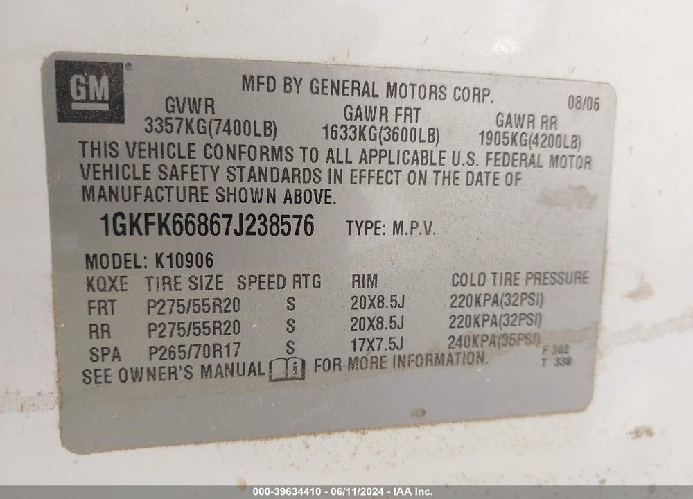 2007 GMC YUKON XL 1500 DENALI VIN: 1GKFK66867J238576