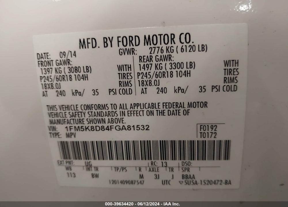 2015 FORD EXPLORER XLT VIN: 1FM5K8D84FGA81532