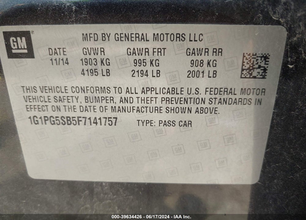 2015 CHEVROLET CRUZE LTZ VIN: 1G1PG5SB5F7141757