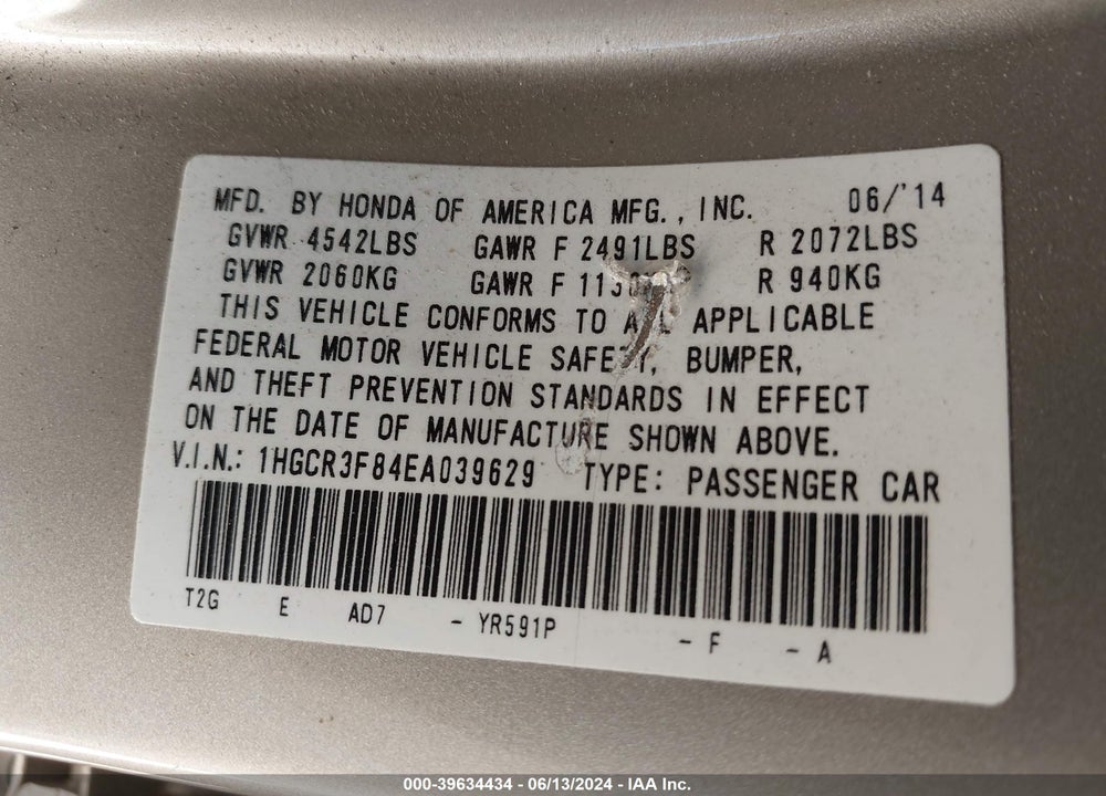 2014 HONDA ACCORD EX-L V-6 VIN: 1HGCR3F84EA039629