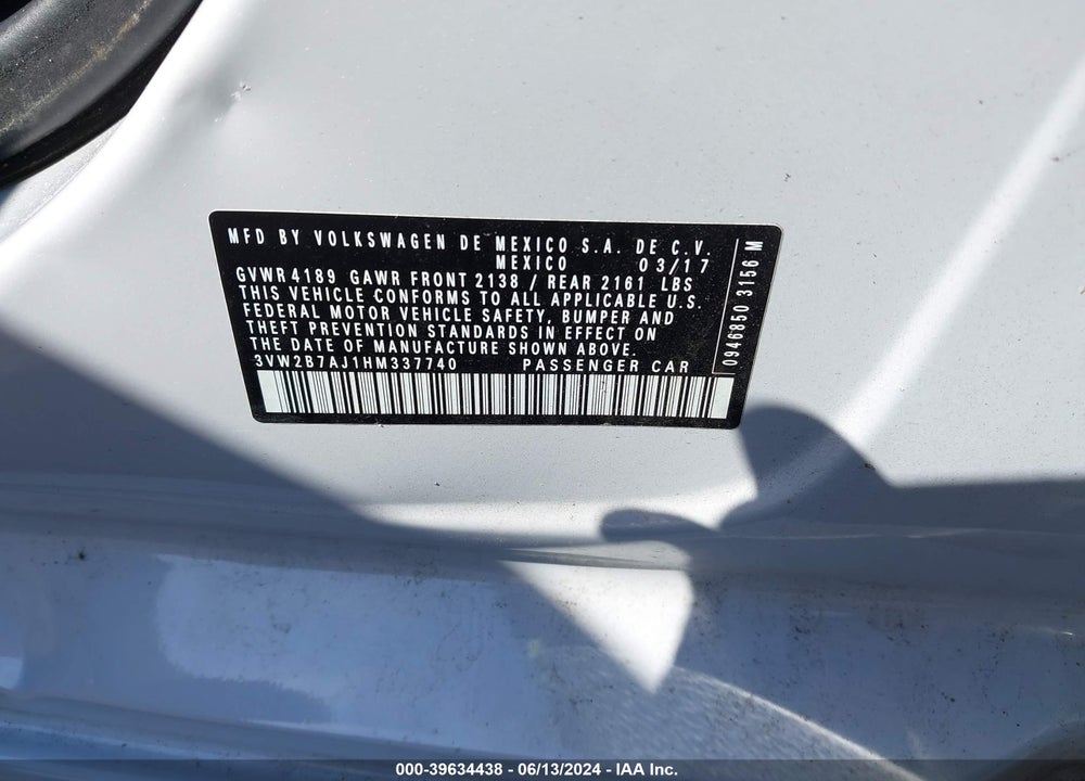 2017 VOLKSWAGEN JETTA 1.4T S VIN: 3VW2B7AJ1HM337740