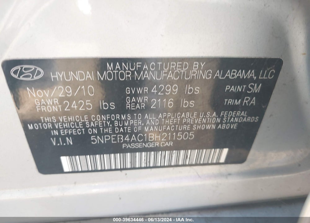 2011 HYUNDAI SONATA GLS VIN: 5NPEB4AC1BH211505