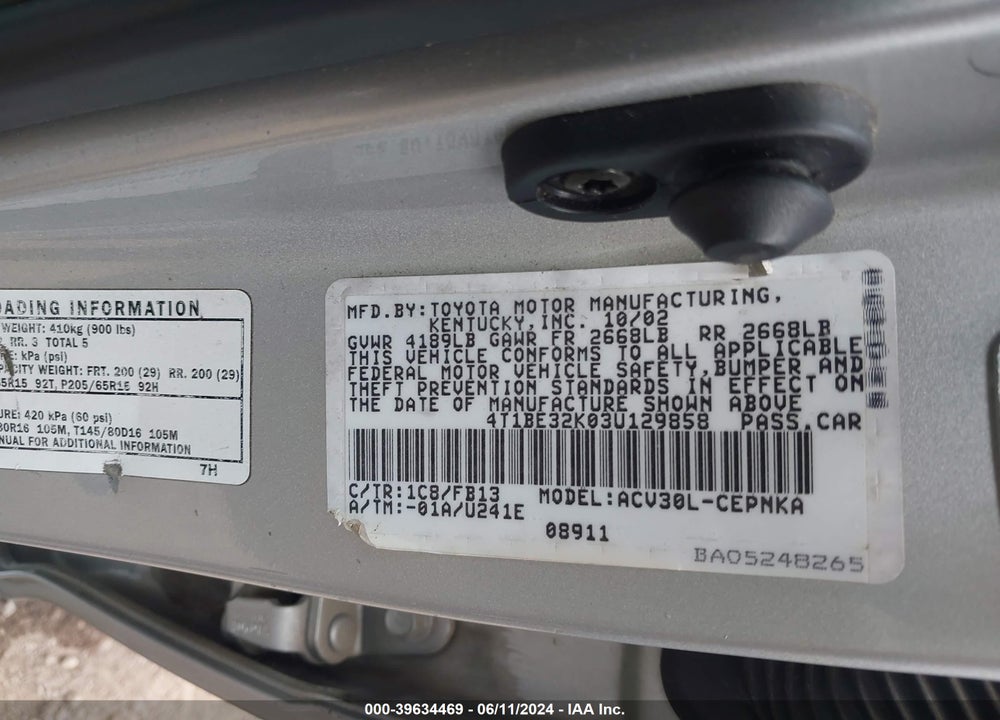 2003 TOYOTA CAMRY LE VIN: 4T1BE32K03U129858