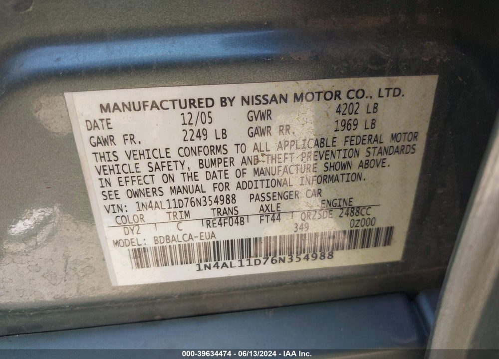 2006 NISSAN ALTIMA 2.5 S VIN: 1N4AL11D76N354988
