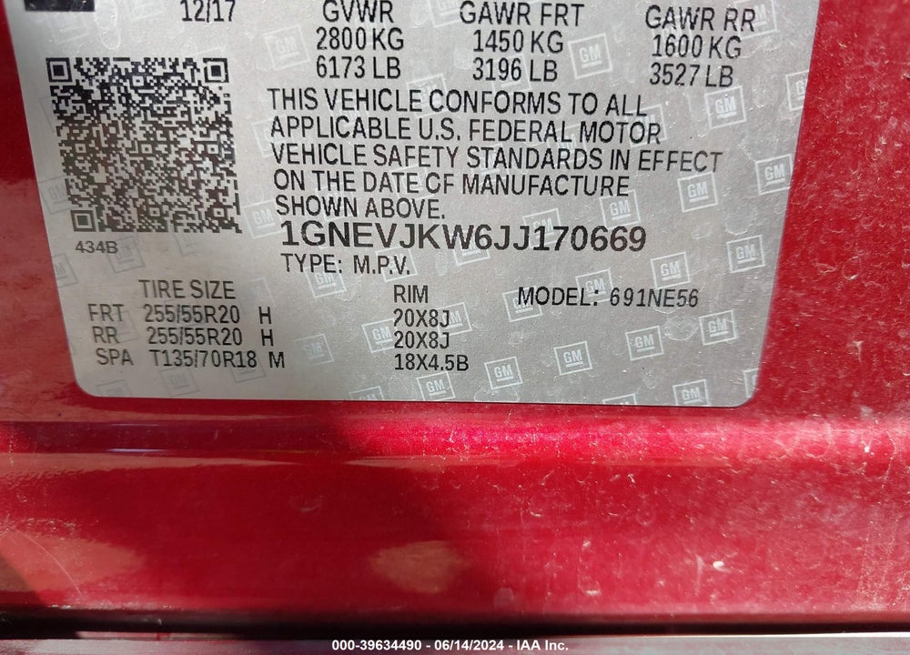 2018 CHEVROLET TRAVERSE PREMIER VIN: 1GNEVJKW6JJ170669