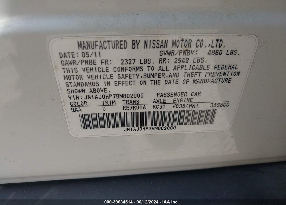 2011 INFINITI EX35 JOURNEY VIN: JN1AJ0HP7BM802000