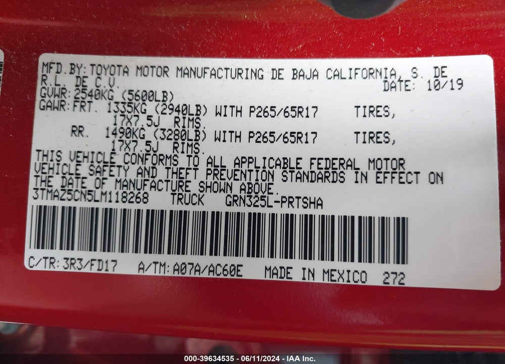 2020 TOYOTA TACOMA TRD SPORT VIN: 3TMAZ5CN5LM118268