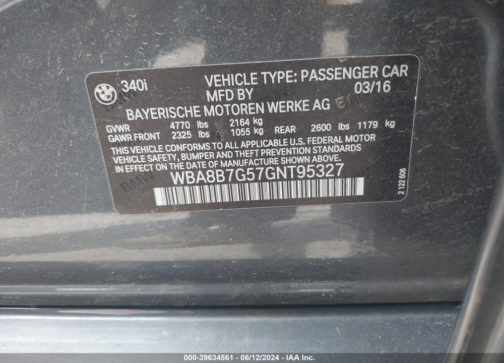 2016 BMW 340I VIN: WBA8B7G57GNT95327