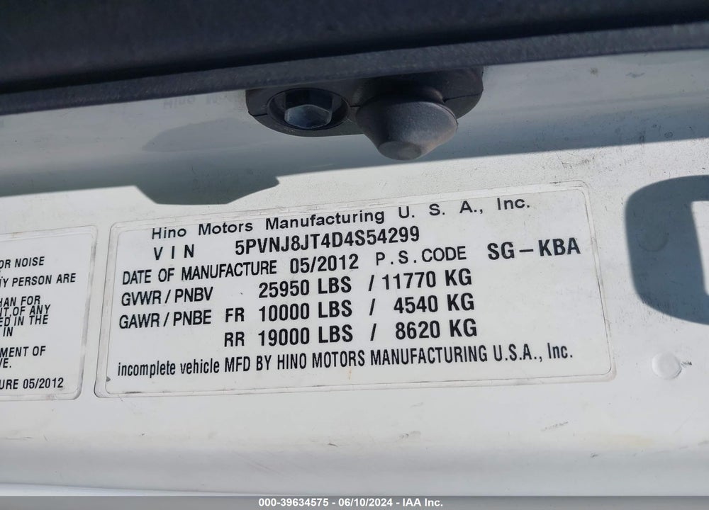 2013 HINO 258/268 VIN: 5PVNJ8JT4D4S54299
