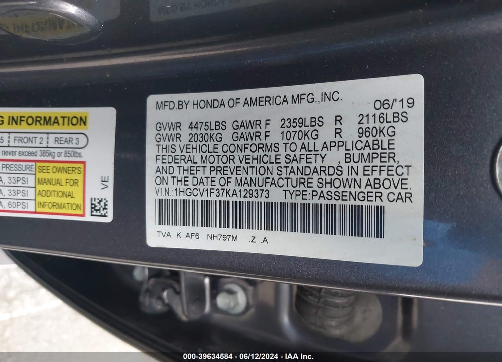 2019 HONDA ACCORD SPORT VIN: 1HGCV1F37KA129373