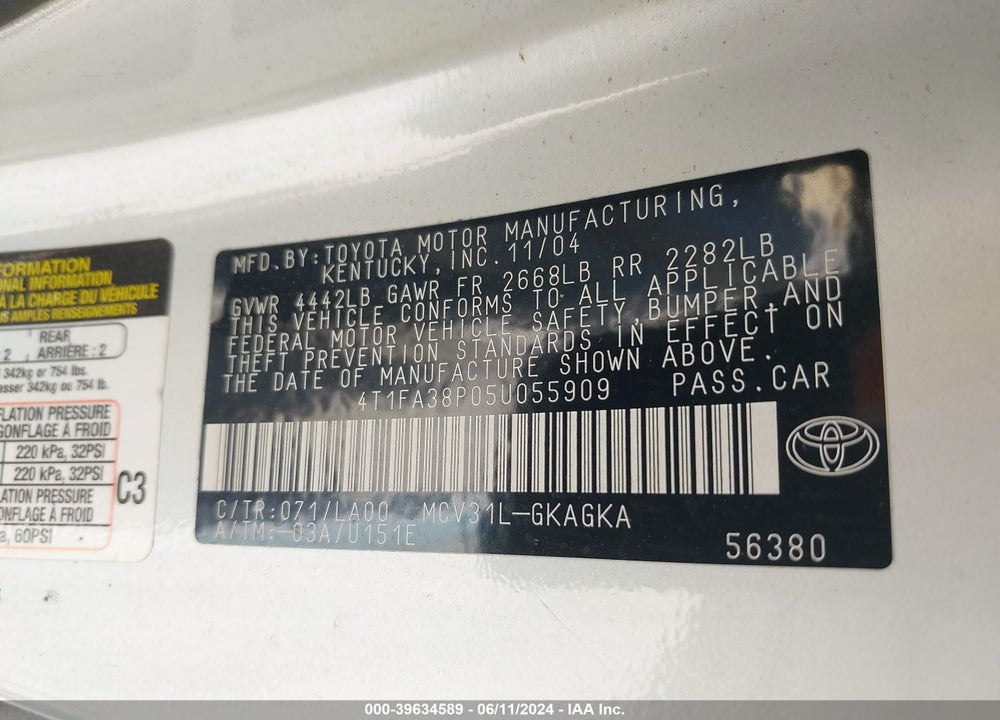 2005 TOYOTA CAMRY SOLARA SLE VIN: 4T1FA38P05U055909