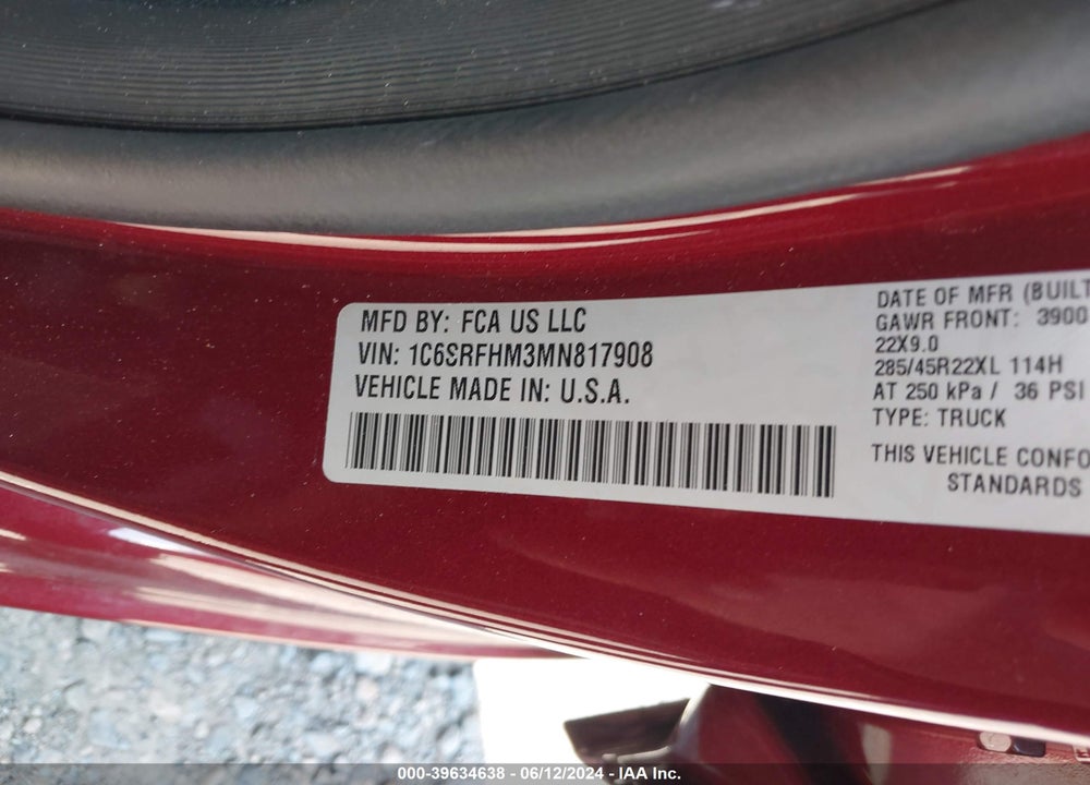 2021 RAM 1500 LIMITED 4X4 5'7 BOX VIN: 1C6SRFHM3MN817908