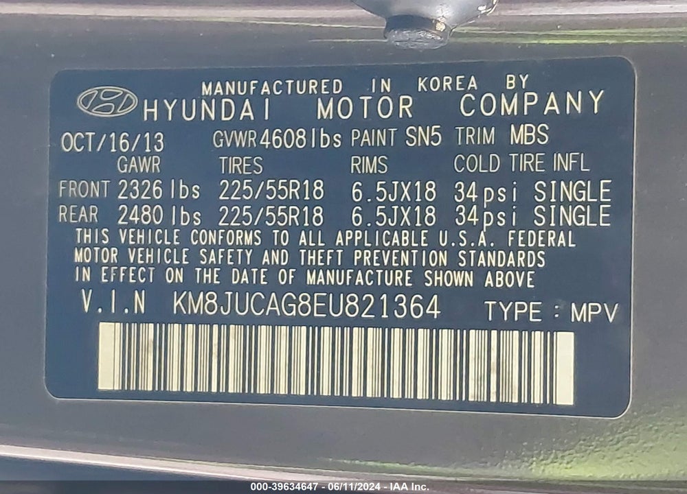 2014 HYUNDAI TUCSON LIMITED VIN: KM8JUCAG8EU821364