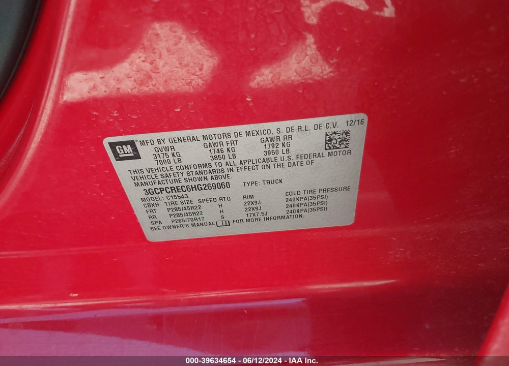 2017 CHEVROLET SILVERADO 1500 1LT VIN: 3GCPCREC6HG269060