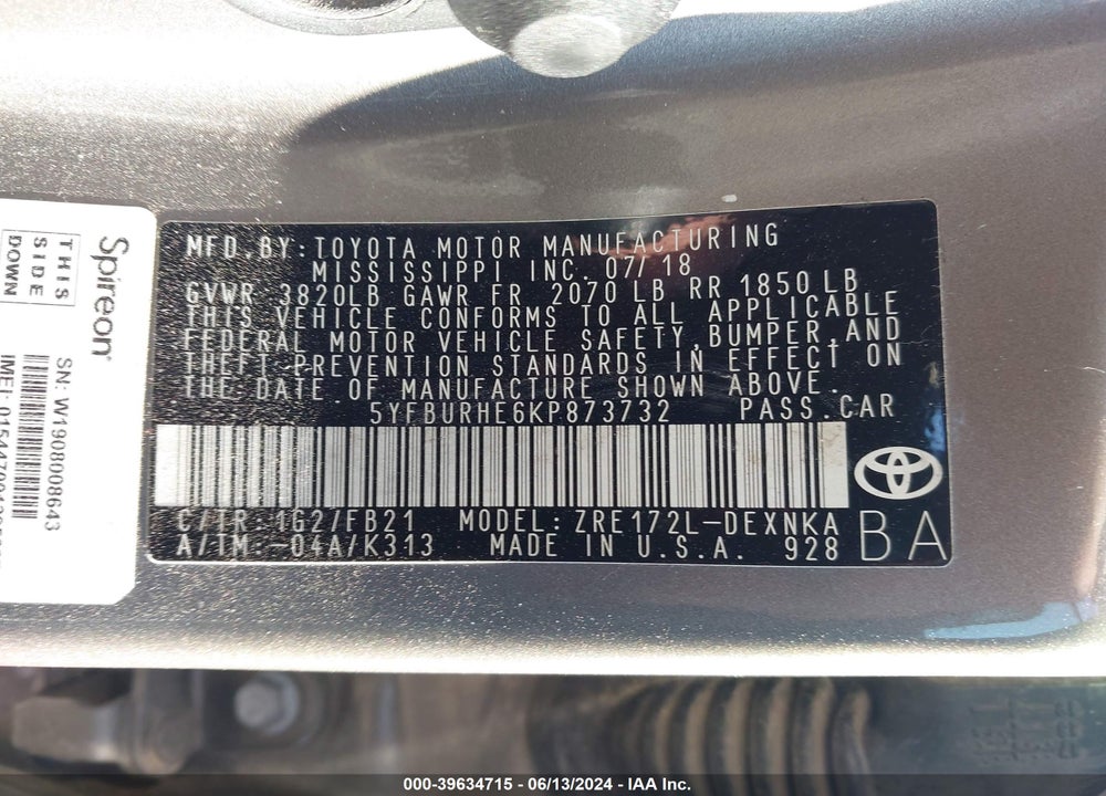 2019 TOYOTA COROLLA LE VIN: 5YFBURHE6KP873732