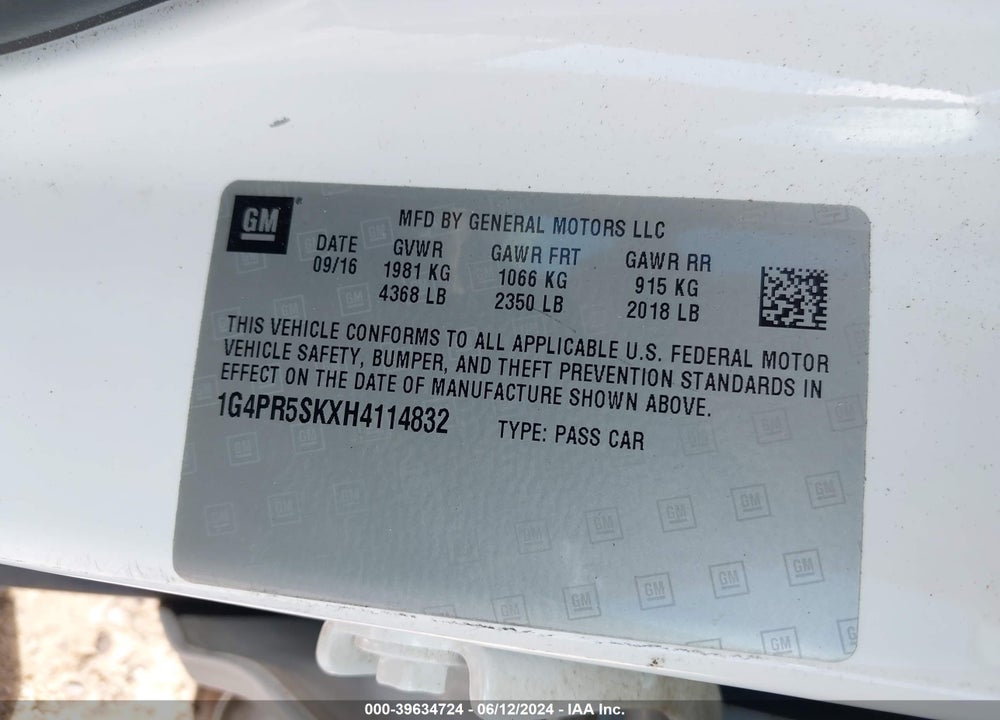 2017 BUICK VERANO SPORT TOURING VIN: 1G4PR5SKXH4114832