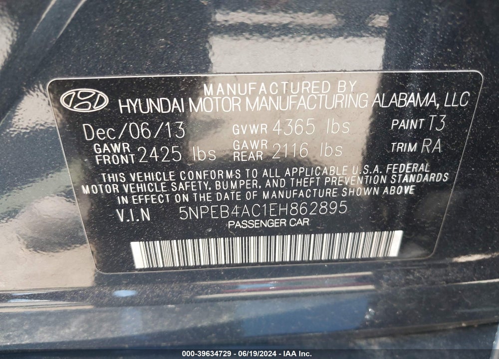 2014 HYUNDAI SONATA GLS VIN: 5NPEB4AC1EH862895