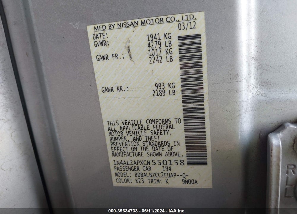 2012 NISSAN ALTIMA 2.5 S VIN: 1N4AL2APXCN550158