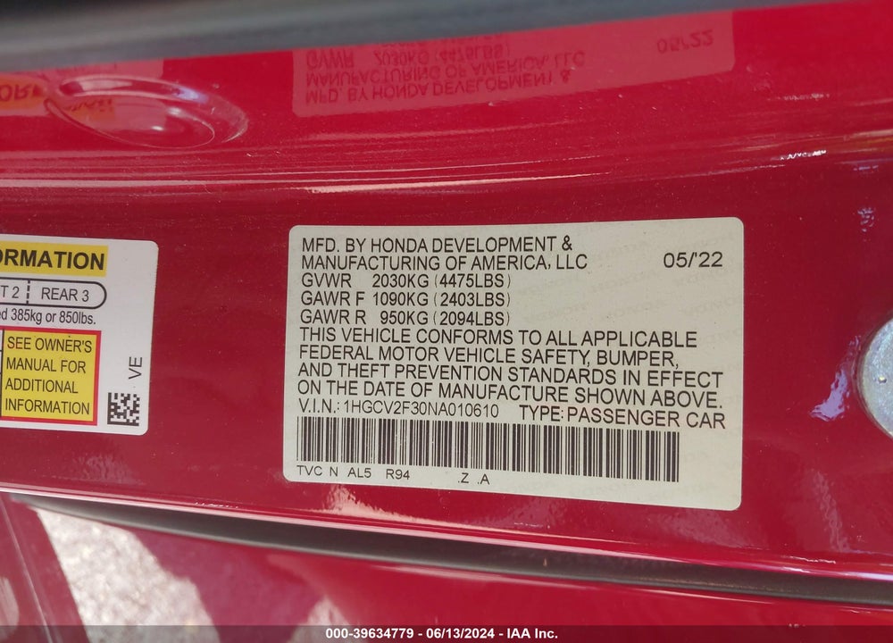 2022 HONDA ACCORD SPORT 2.0T VIN: 1HGCV2F30NA010610