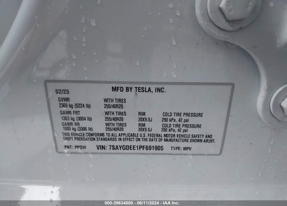 2023 TESLA MODEL Y VIN: 7SAYGDEE1PF691905