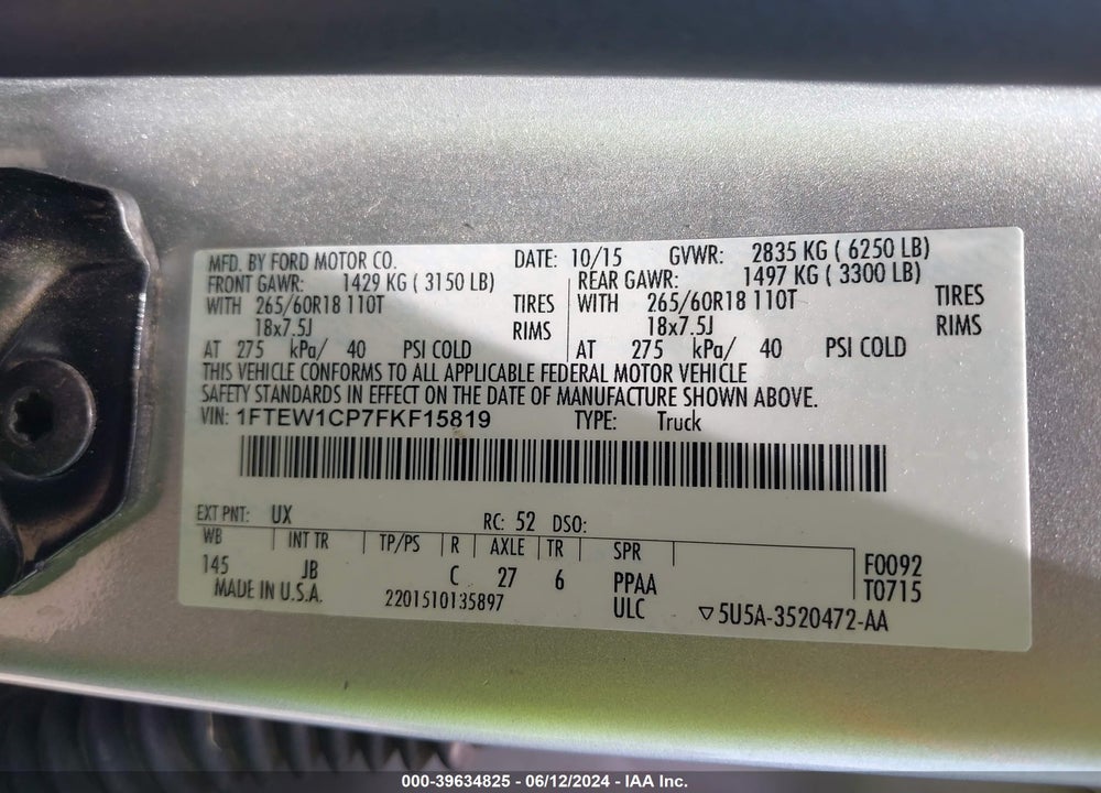 2015 FORD F-150 XLT VIN: 1FTEW1CP7FKF15819