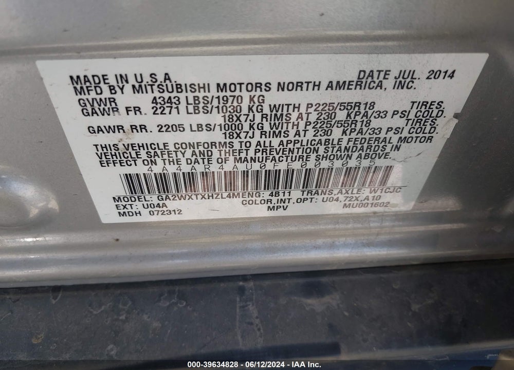 2015 MITSUBISHI OUTLANDER SPORT SE VIN: 4A4AR4AU0FE003035