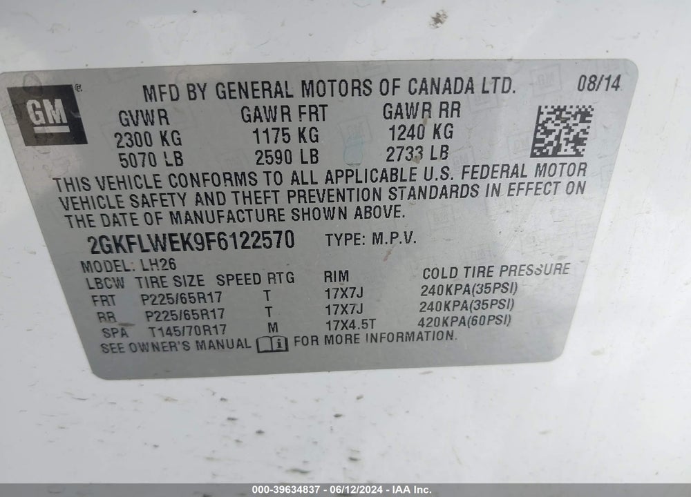 2015 GMC TERRAIN SLE-2 VIN: 2GKFLWEK9F6122570