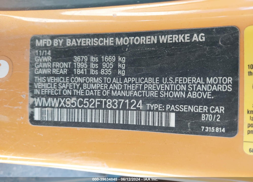2015 MINI HARDTOP COOPER VIN: WMWXS5C52FT837124