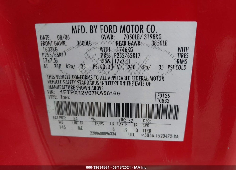 2007 FORD F-150 LARIAT/STX/XL/XLT VIN: 1FTPX12V07KA56169