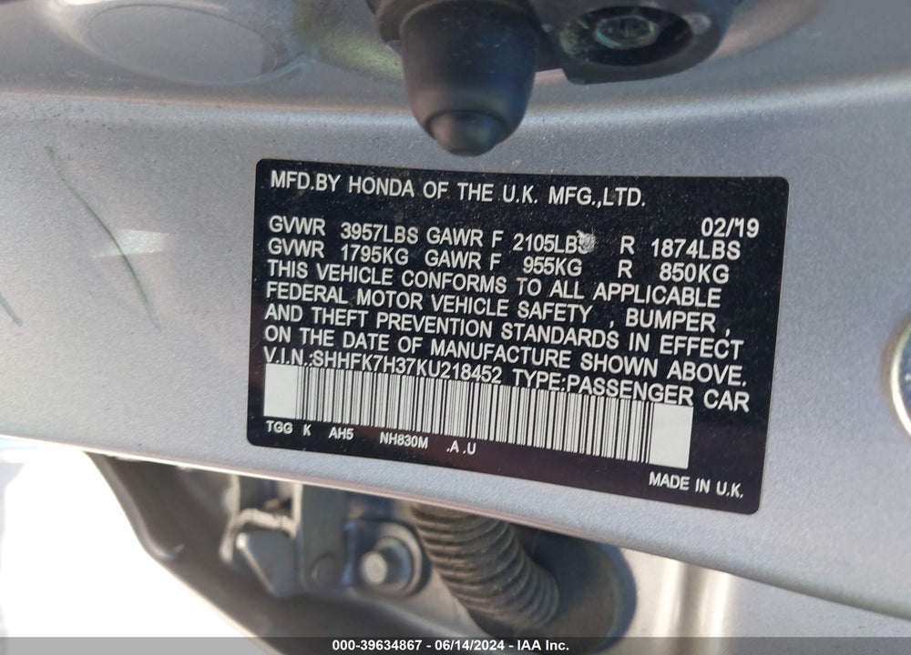 2019 HONDA CIVIC LX VIN: SHHFK7H37KU218452