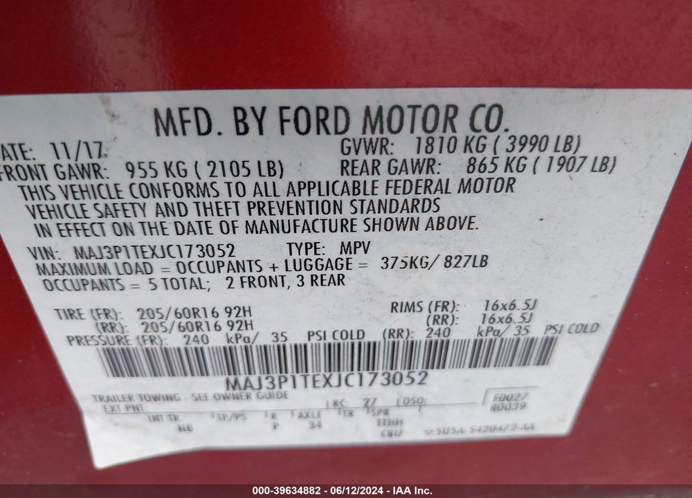 2018 FORD ECOSPORT SE VIN: MAJ3P1TEXJC173052