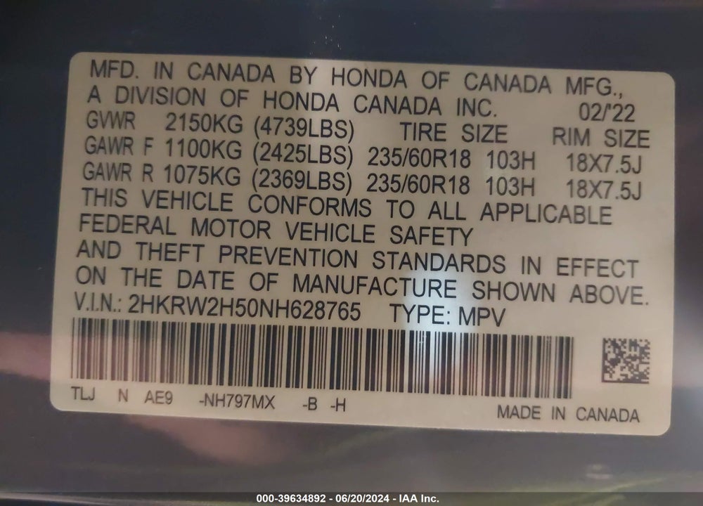 2022 HONDA CR-V AWD EX VIN: 2HKRW2H50NH628765