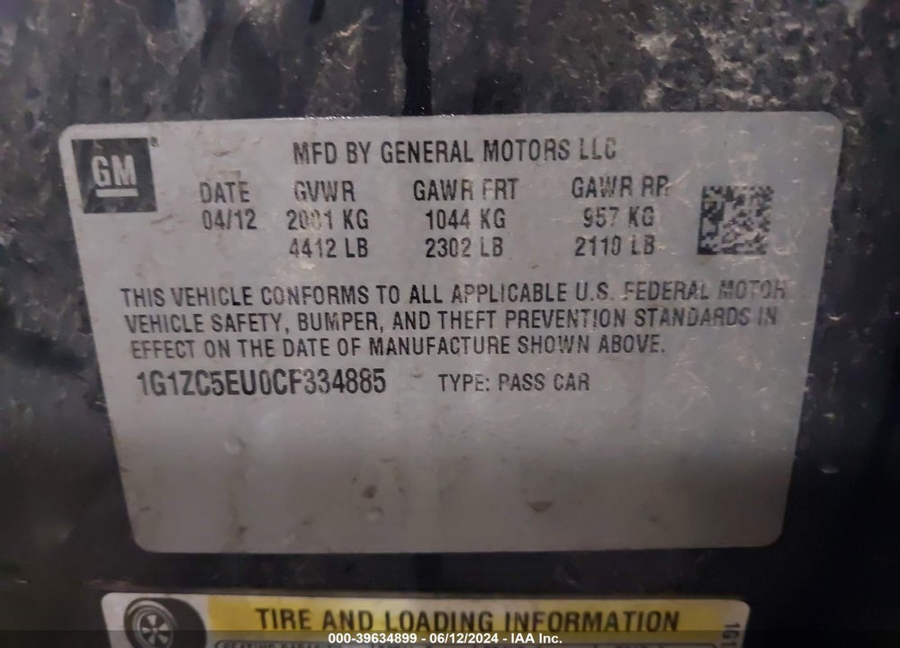 2012 CHEVROLET MALIBU 1LT VIN: 1G1ZC5EU0CF334885