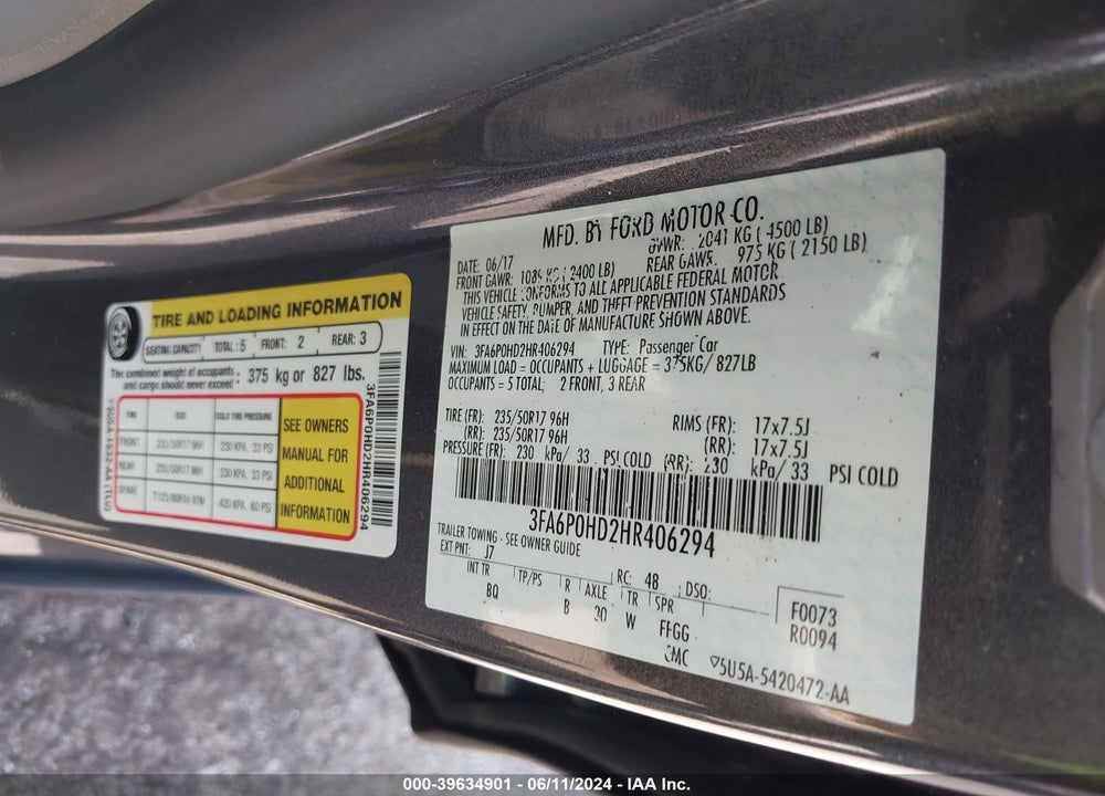 2017 FORD FUSION SE VIN: 3FA6P0HD2HR406294