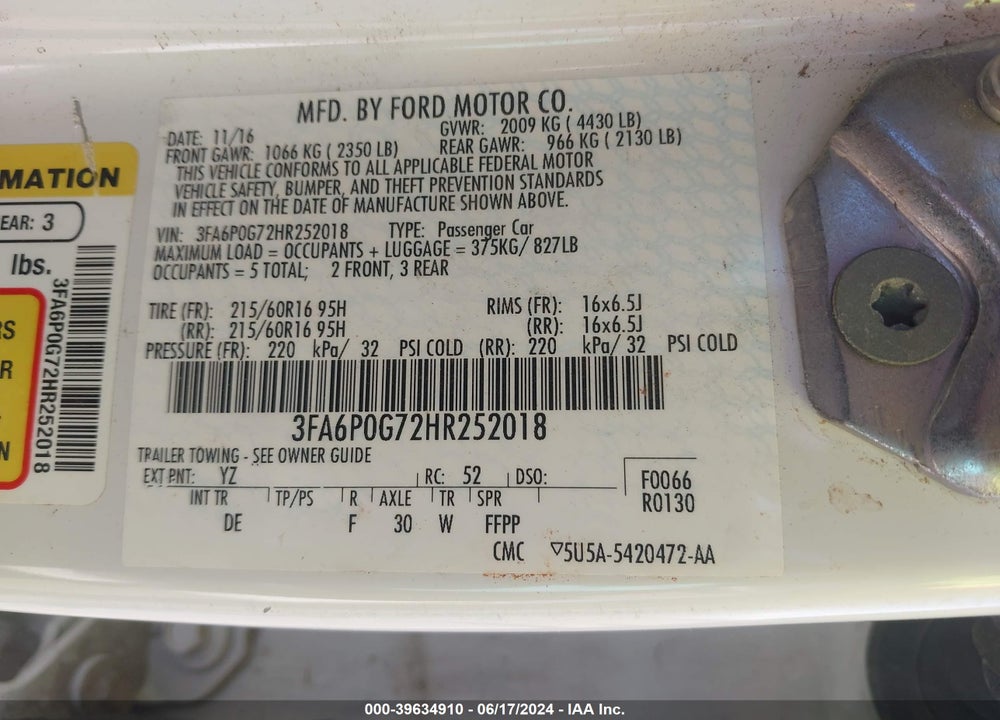 2017 FORD FUSION S VIN: 3FA6P0G72HR252018
