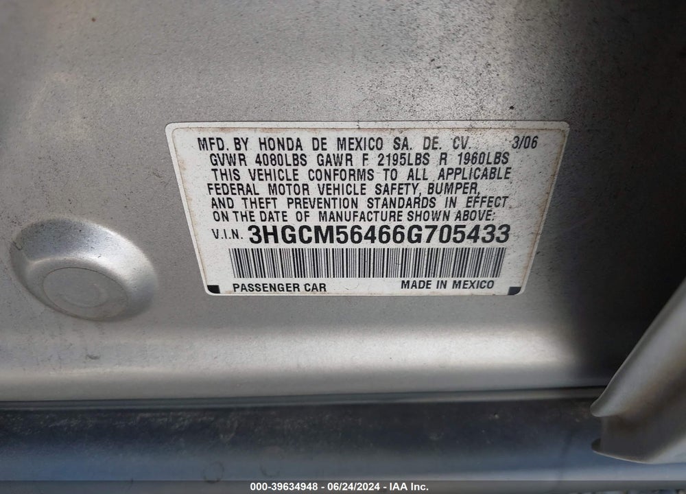 2006 HONDA ACCORD 2.4 LX VIN: 3HGCM56466G705433