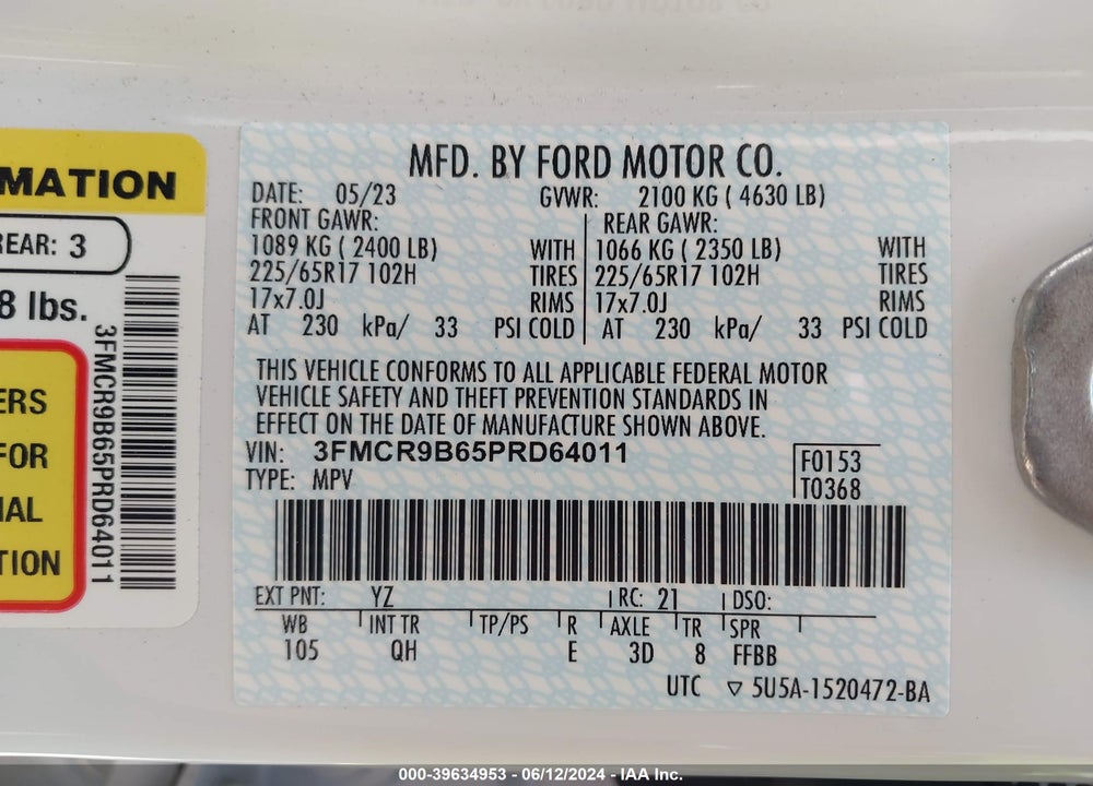 2023 FORD BRONCO SPORT BIG BEND VIN: 3FMCR9B65PRD64011
