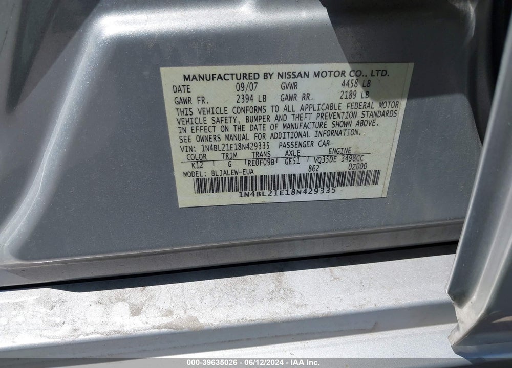 2008 NISSAN ALTIMA 3.5 SL VIN: 1N4BL21E18N429335