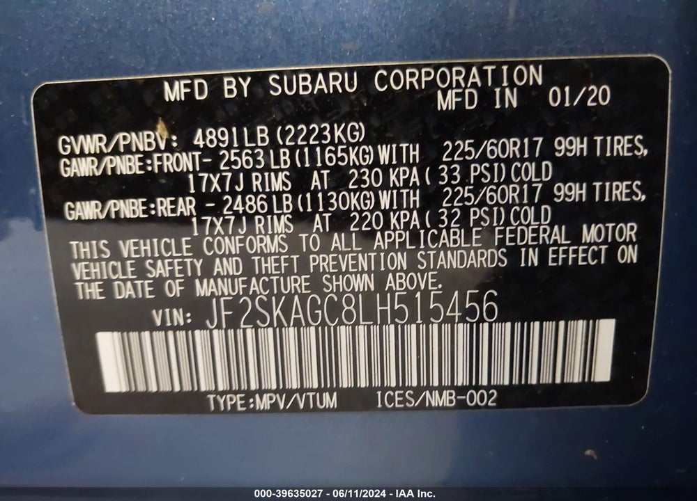 2020 SUBARU FORESTER PREMIUM VIN: JF2SKAGC8LH515456