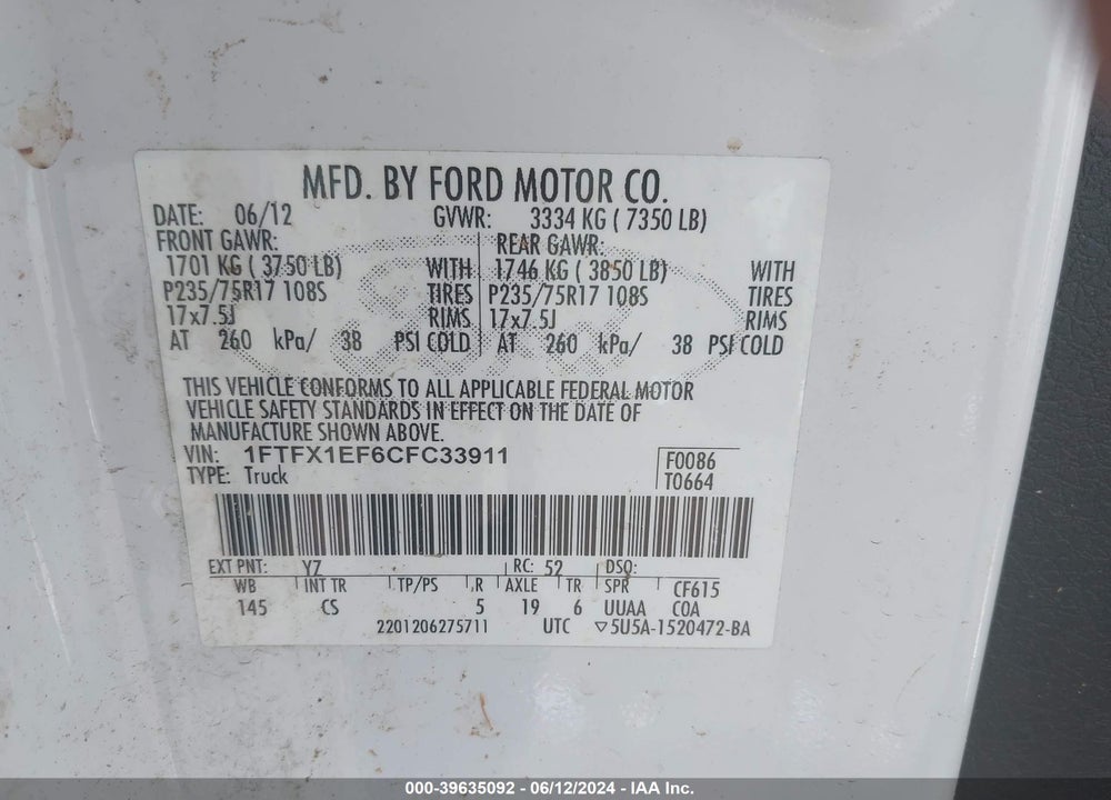2012 FORD F-150 XL VIN: 1FTFX1EF6CFC33911