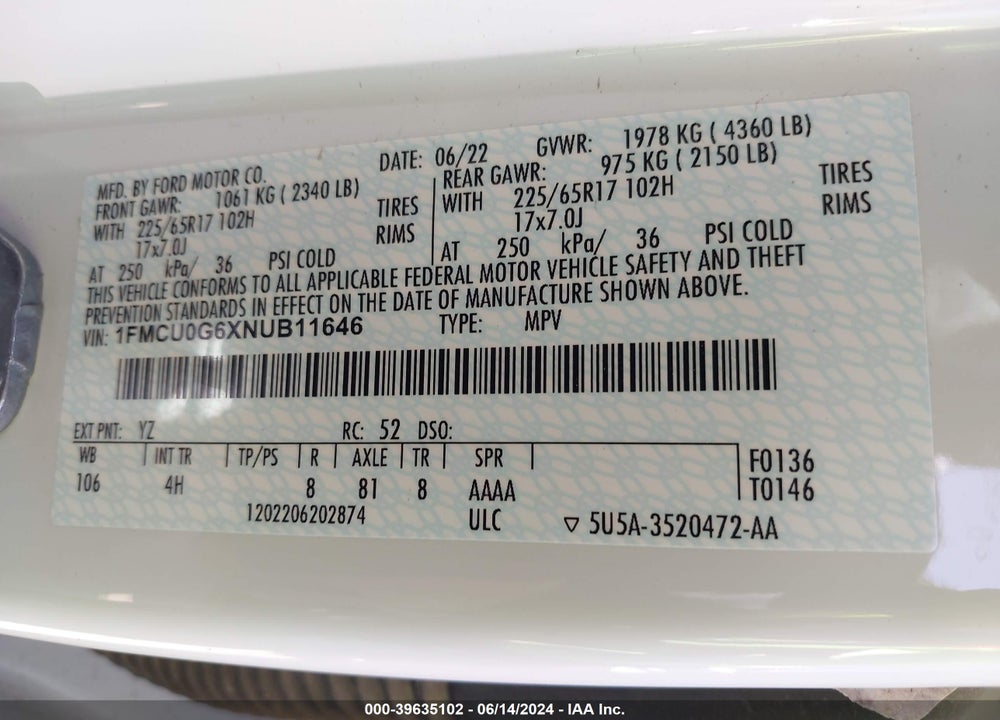 2022 FORD ESCAPE SE VIN: 1FMCU0G6XNUB11646