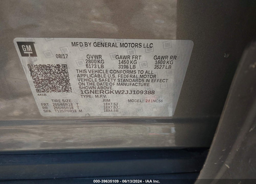 2018 CHEVROLET TRAVERSE 1LT VIN: 1GNERGKW2JJ109388