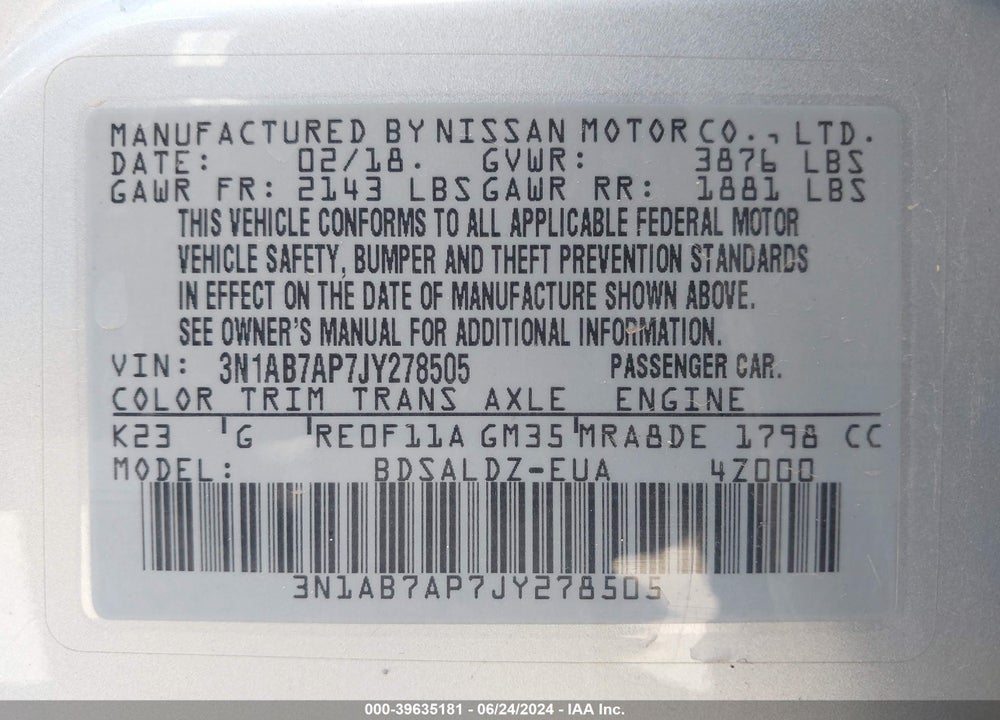 2018 NISSAN SENTRA SV VIN: 3N1AB7AP7JY278505